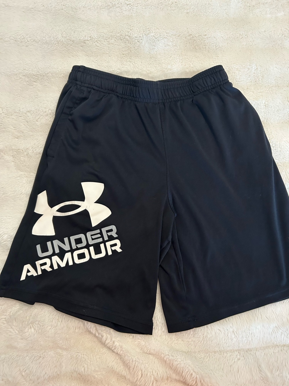 Under Armour Youth Large Black Athletic Shorts with White Logo